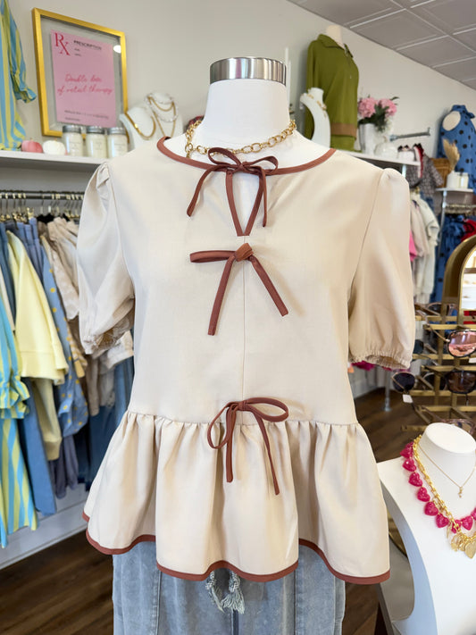 LS- Khaki Bow Puff Top