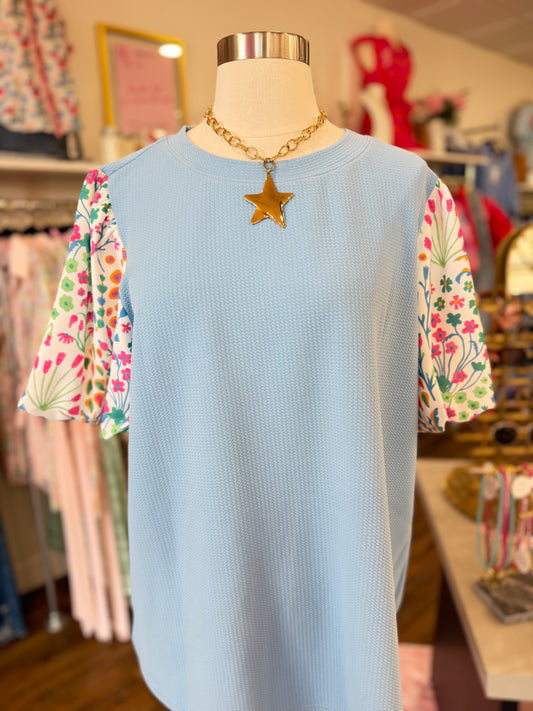 1W- Plus Blue Floral Bubble Top