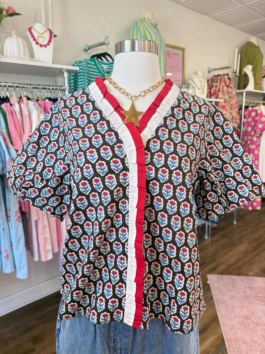 Jodifl- Brown Floral V-neck Top