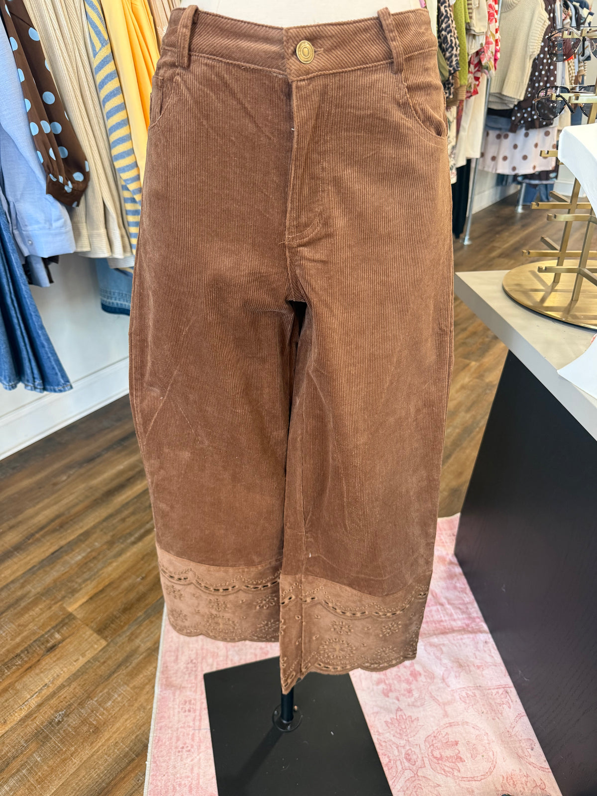 ES- Brown Corduroy Eyelet Hem Pants