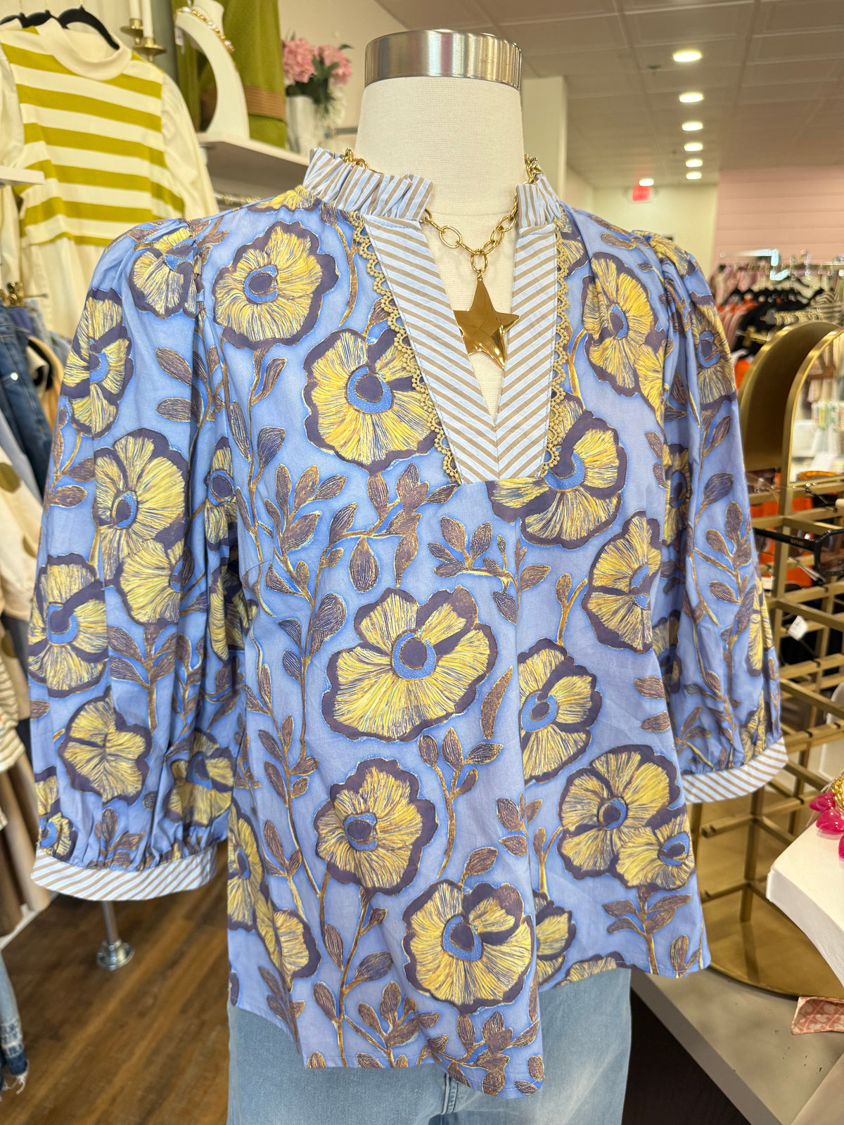 Jodifl- Blue V-Neck Ruffle Top
