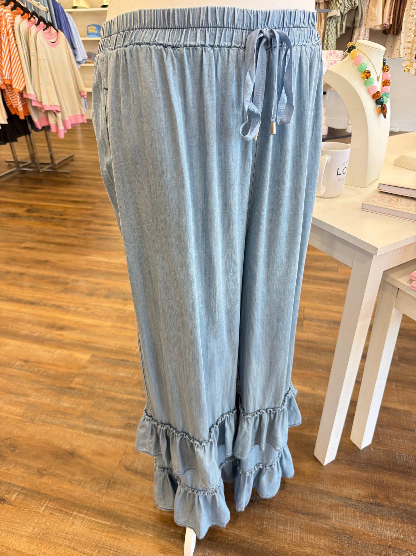 Oddi- Plus Washed Chambray Ruffle Pants