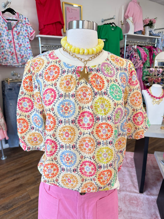VOY- Floral Embroidered Bubble Top