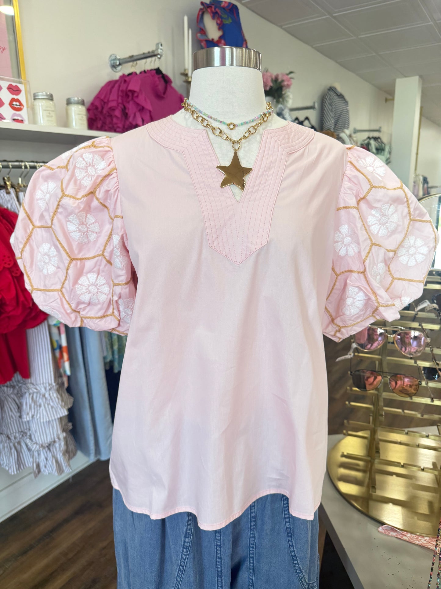 Oddi- Blush V-Neck with Puff Sleeves