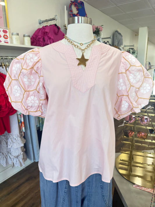 Oddi- Blush V-Neck with Puff Sleeves