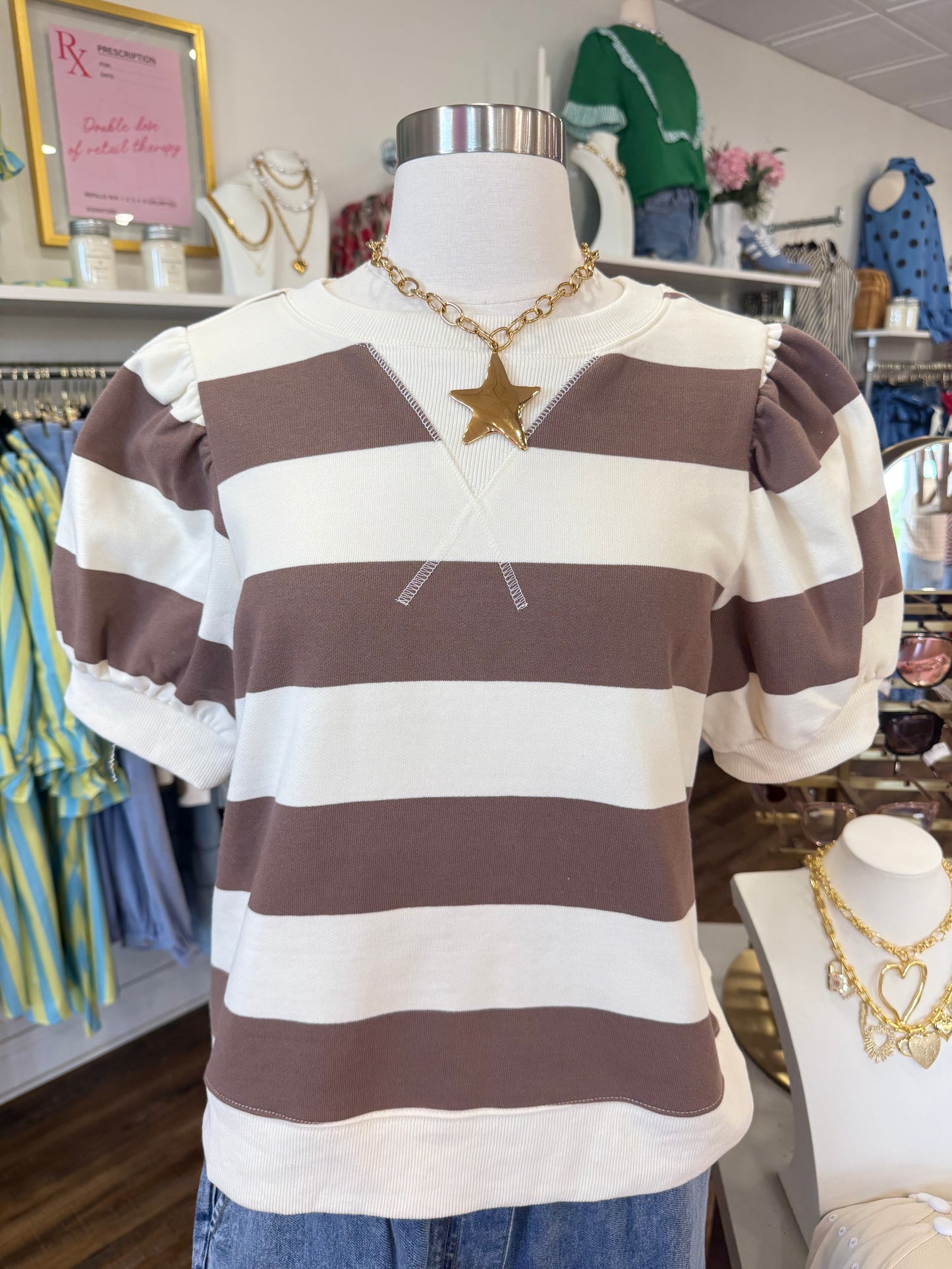 PL- Cream & Brown Stripe Puff Top