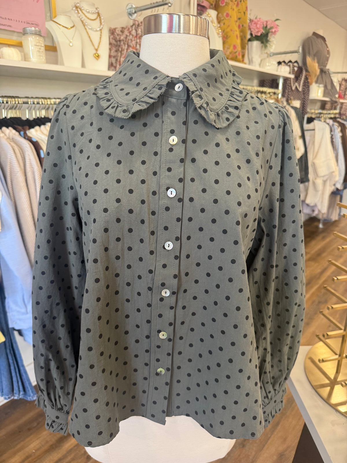 Jodifl- Hunter Green Polka Dot Top