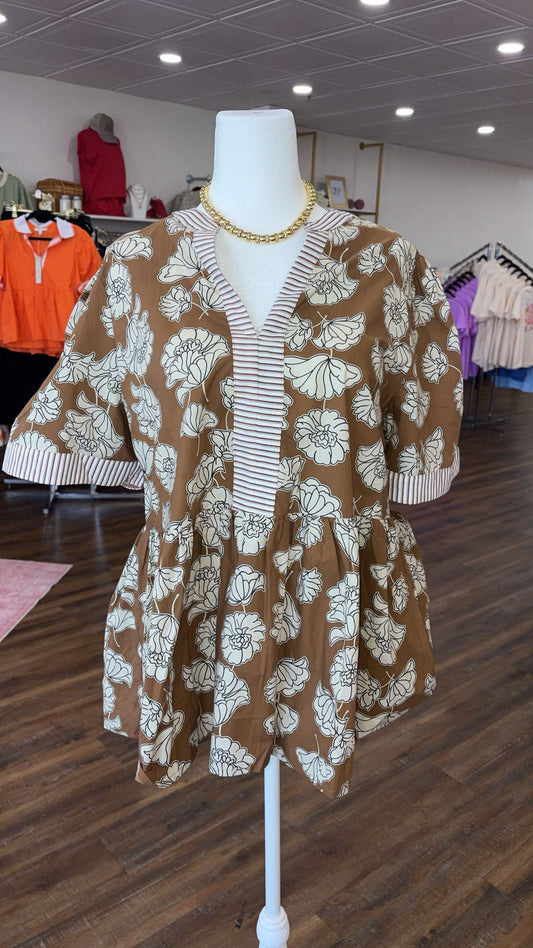 S+S- Plus Caramel Printed Top