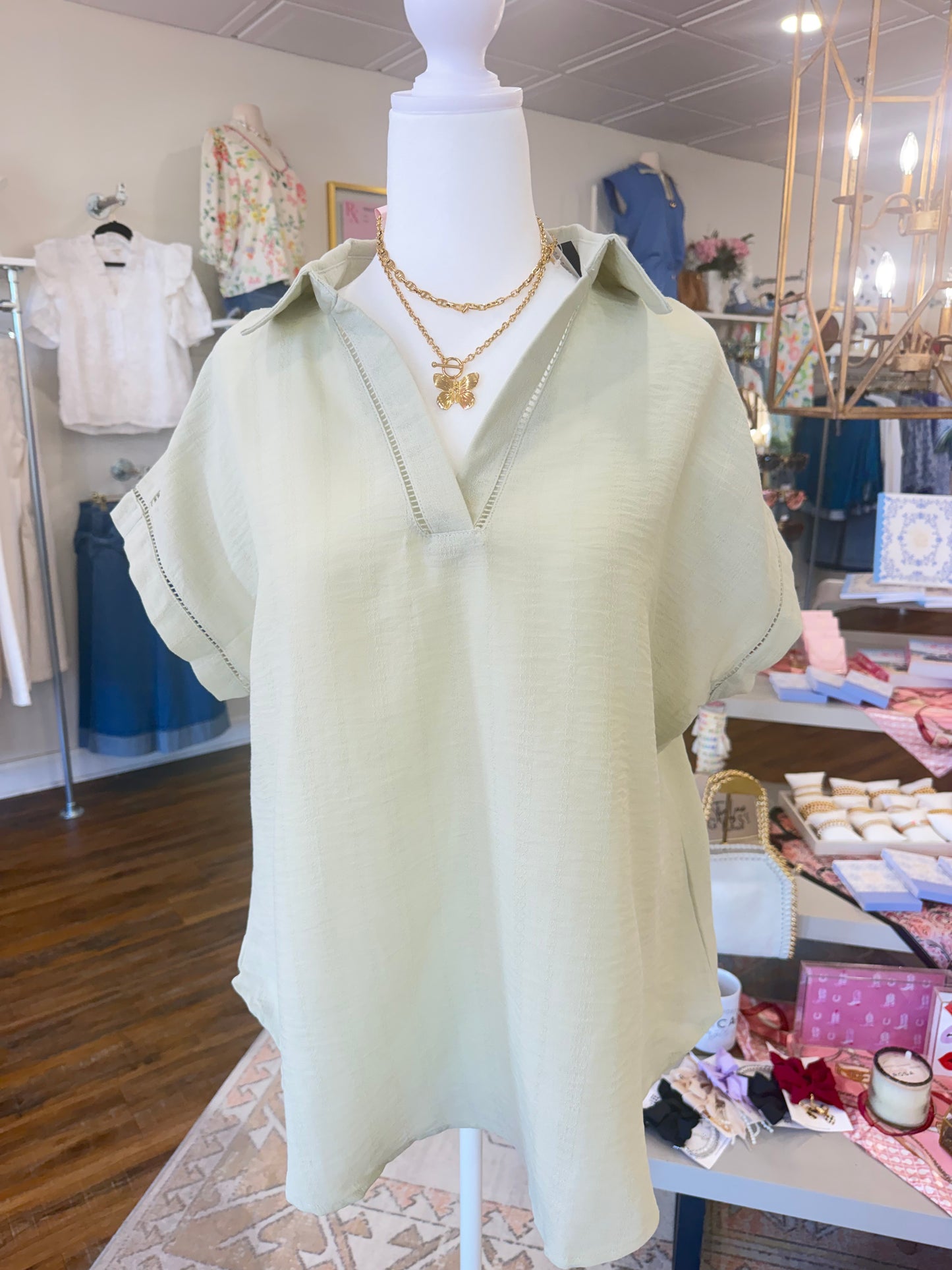 Blue Pepper Plus- Sage Collared V-neck Top