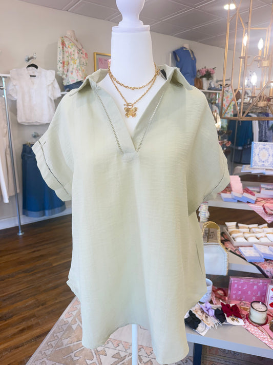 Blue Pepper Plus- Sage Collared V-neck Top