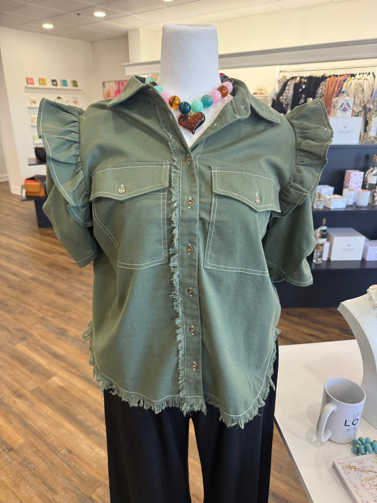 GI- Plus Olive Linen Button Up Top