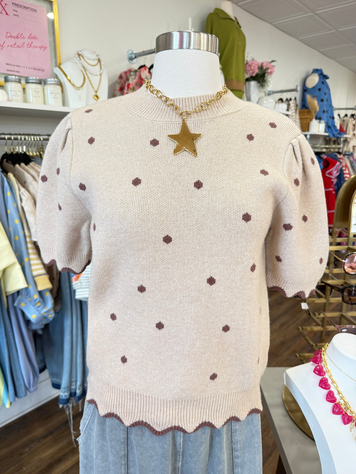 S+S- Taupe Polka Dot Sweater Top