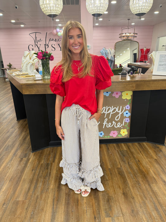 Oddi- Taupe Striped Pants With Ruffle Hem