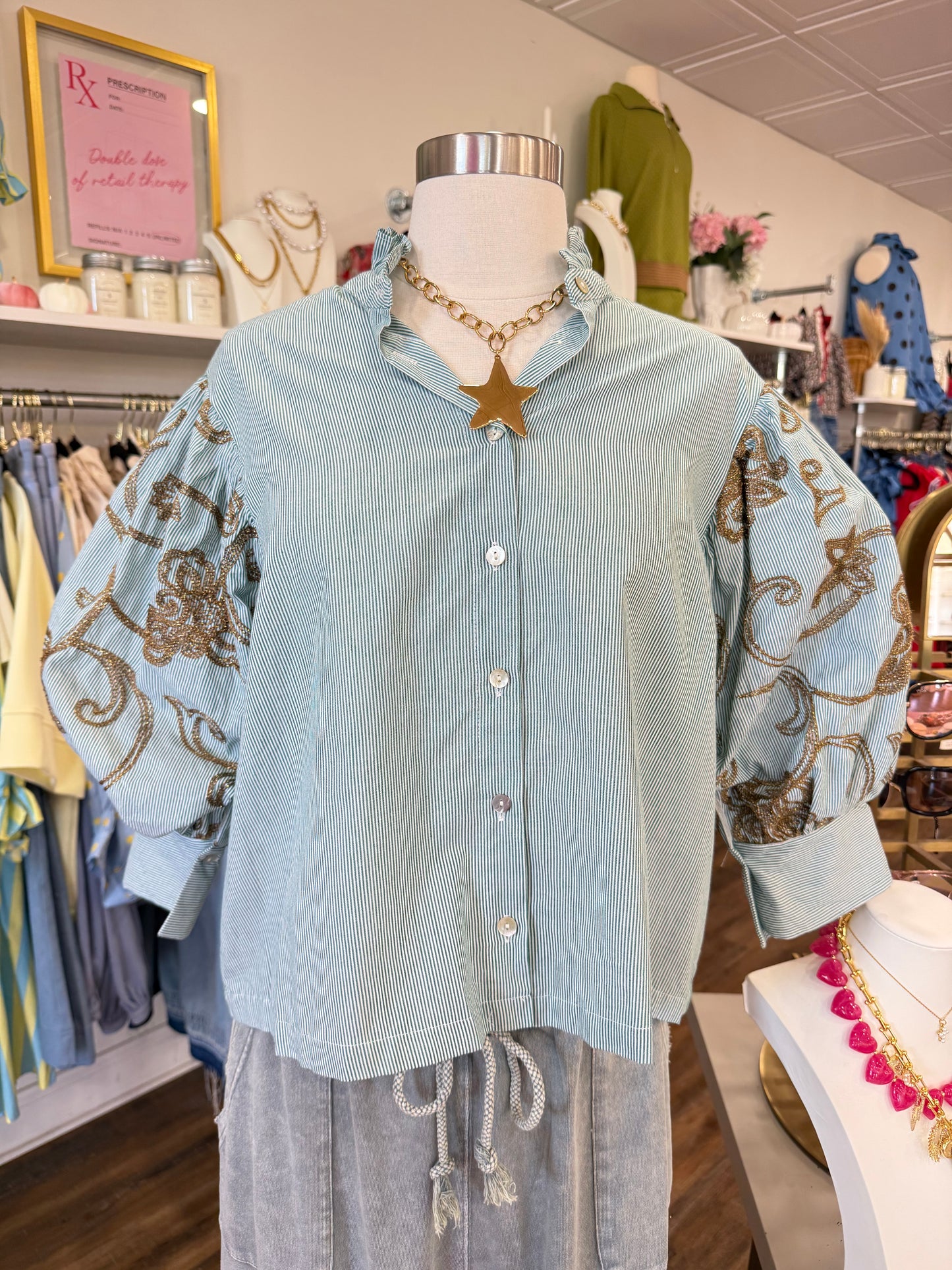 Glam- Green Embroidered Puff Sleeve Top