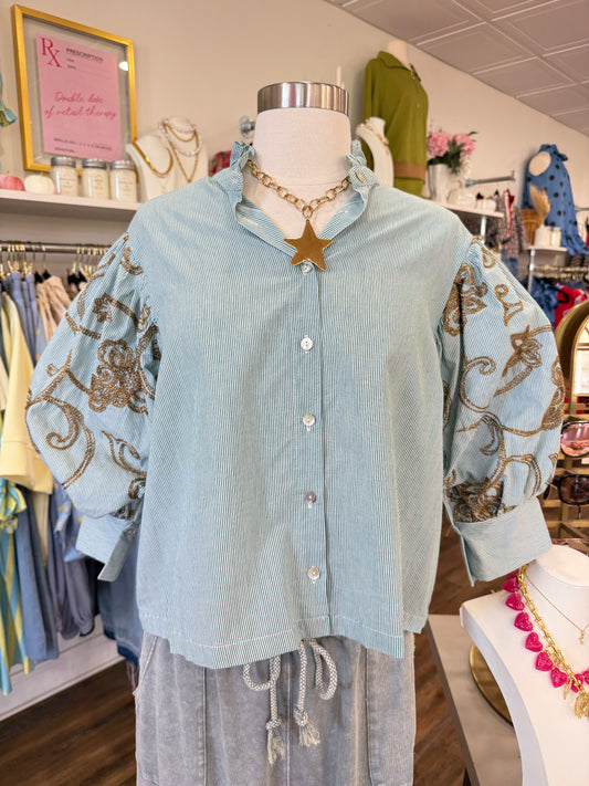 Glam- Green Embroidered Puff Sleeve Top