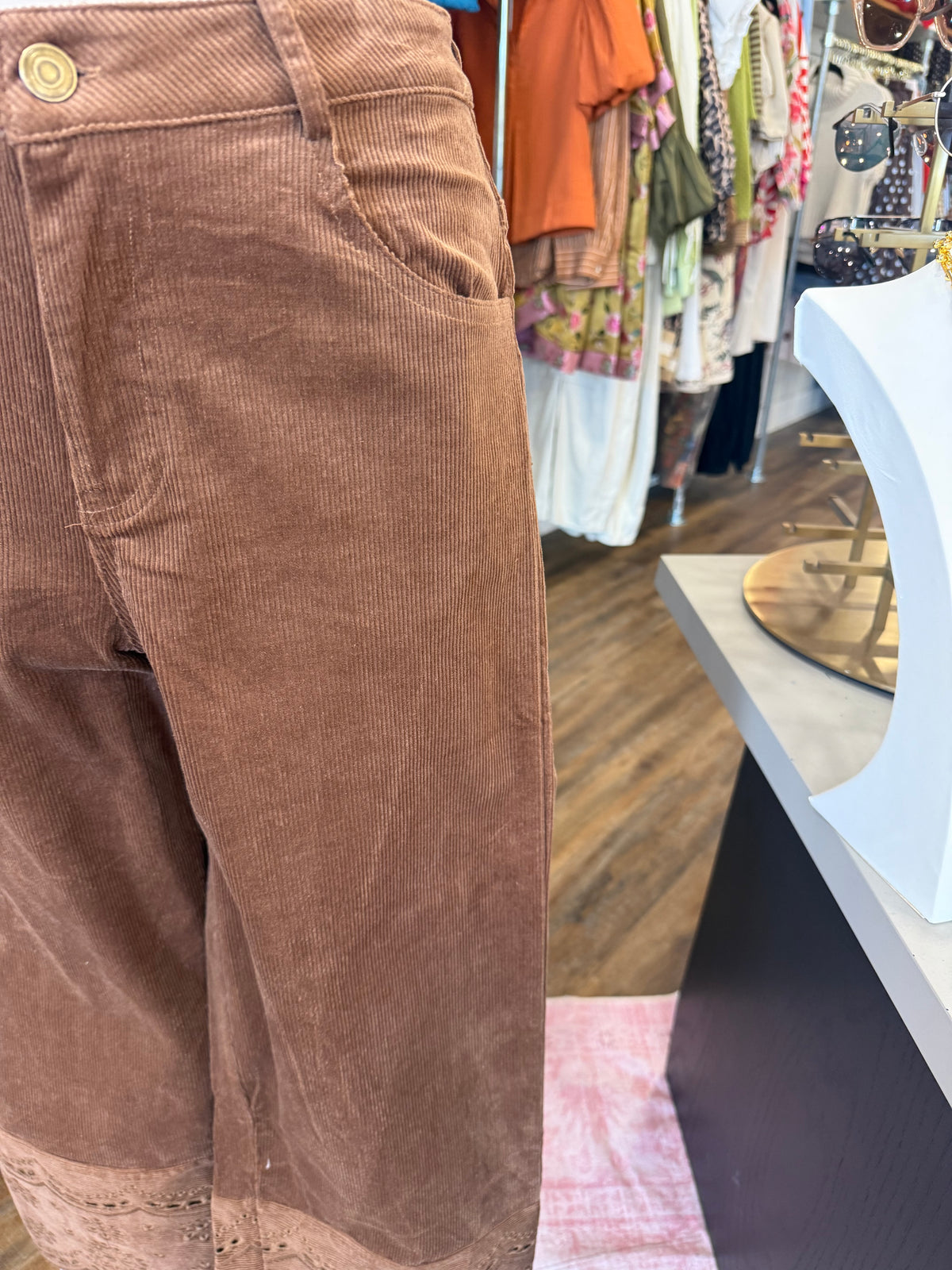ES- Brown Corduroy Eyelet Hem Pants