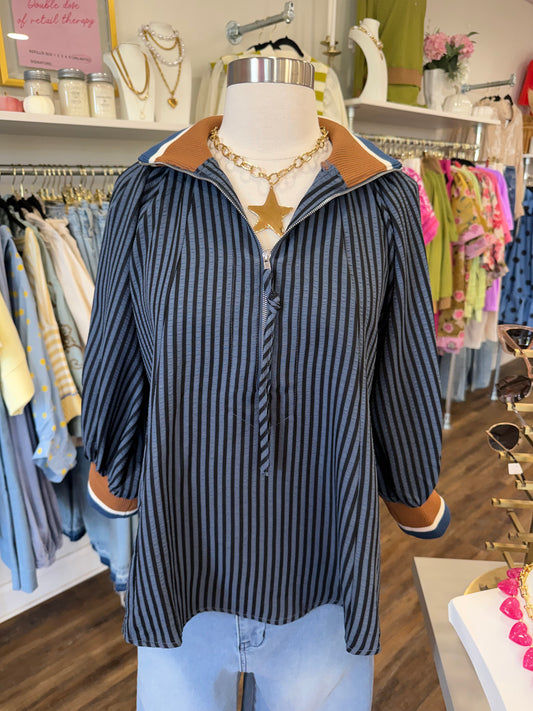 S+S- Navy Zip Striped Top