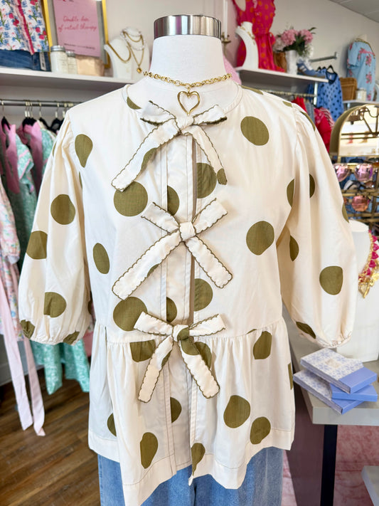 Oddi- Olive Polka Dot Top