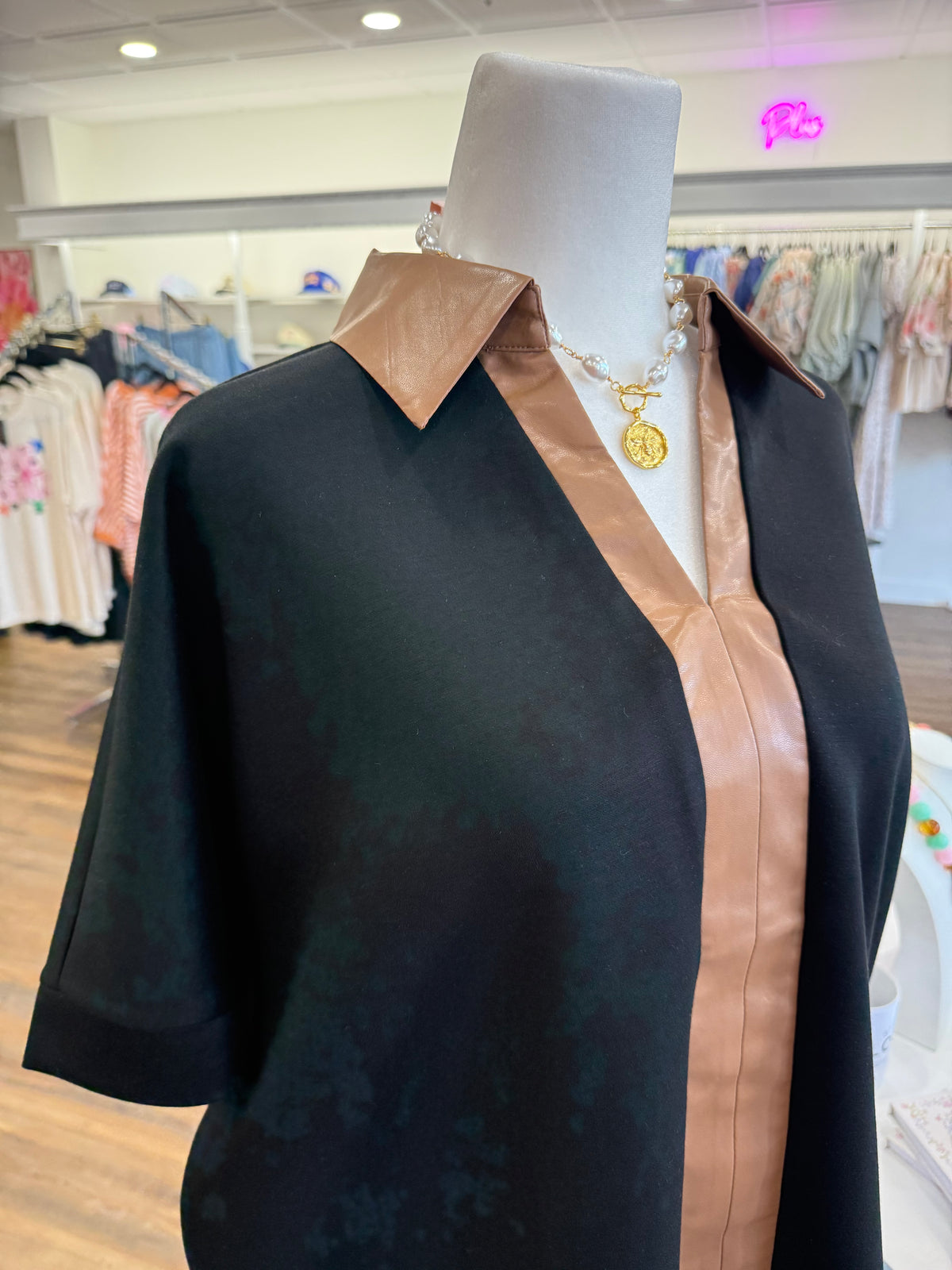Jodifl- Plus Brown Leather Collar top