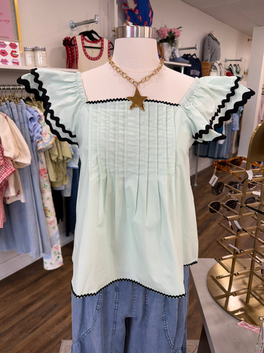 Listicle- Aqua Mint Flutter Ruffle Top