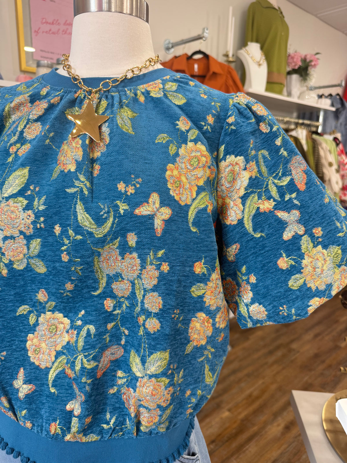 VOY- Blue Floral Jacquard Top
