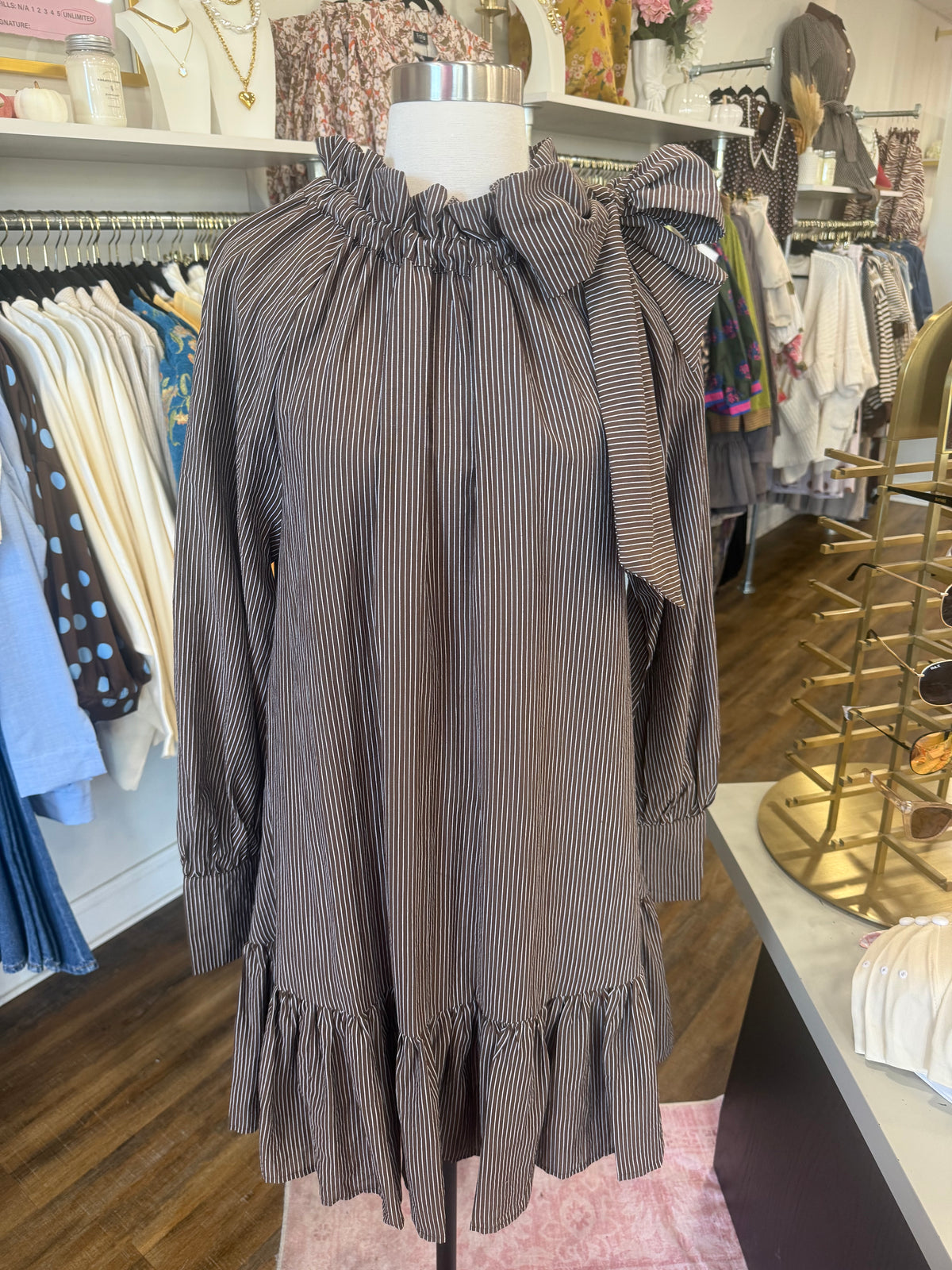 Glam- Brown Ruffle Neck Mini Dress