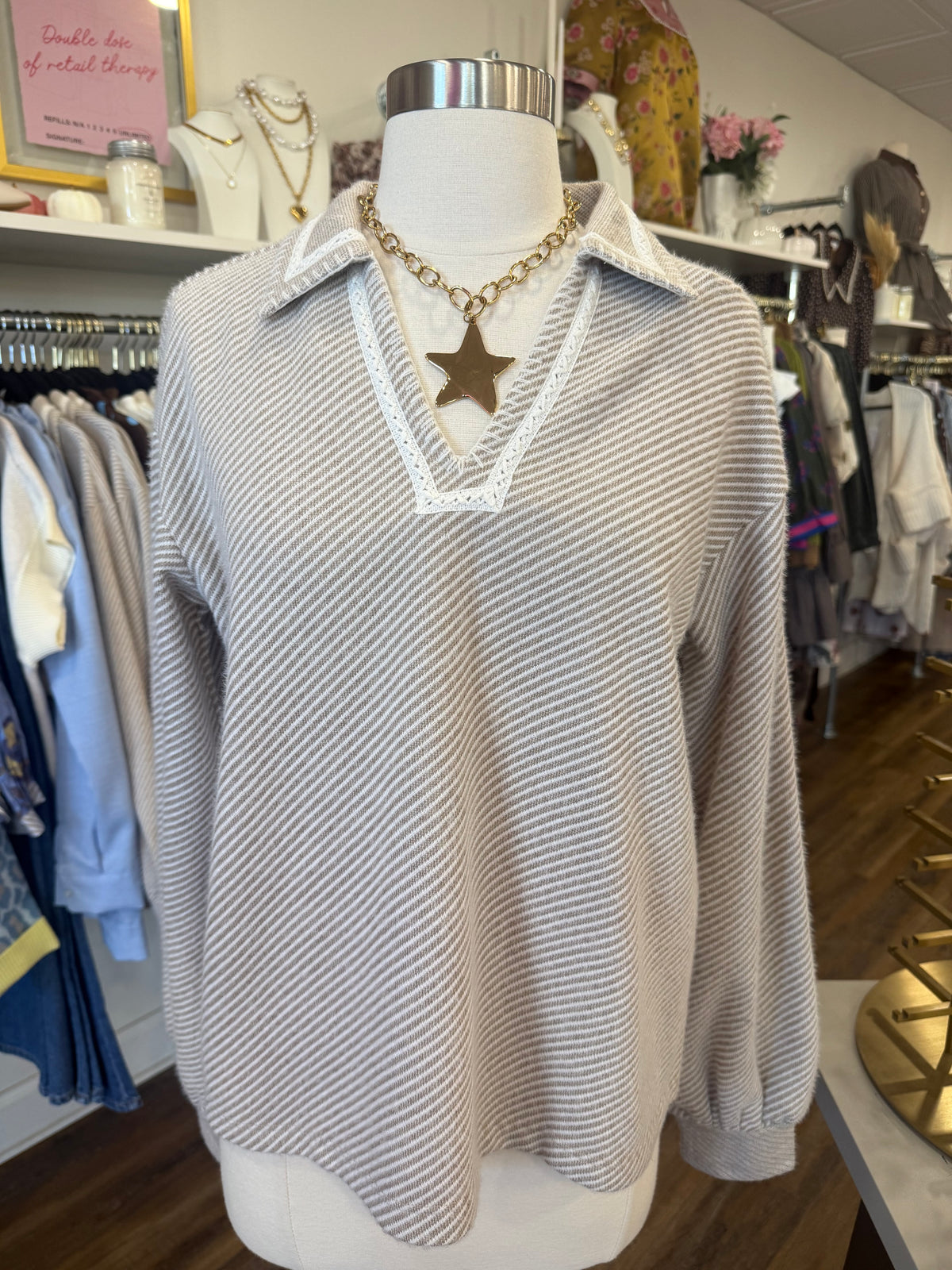D&R- Mocha Blanket Stitch Collared Top