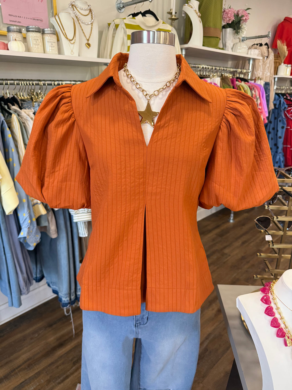 Glam- Rust Puff Sleeve Pleated Top
