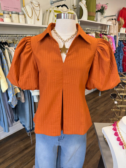 Glam- Rust Puff Sleeve Pleated Top