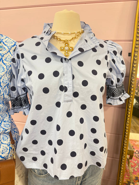 Glam- Blue Polka Dot Blouse