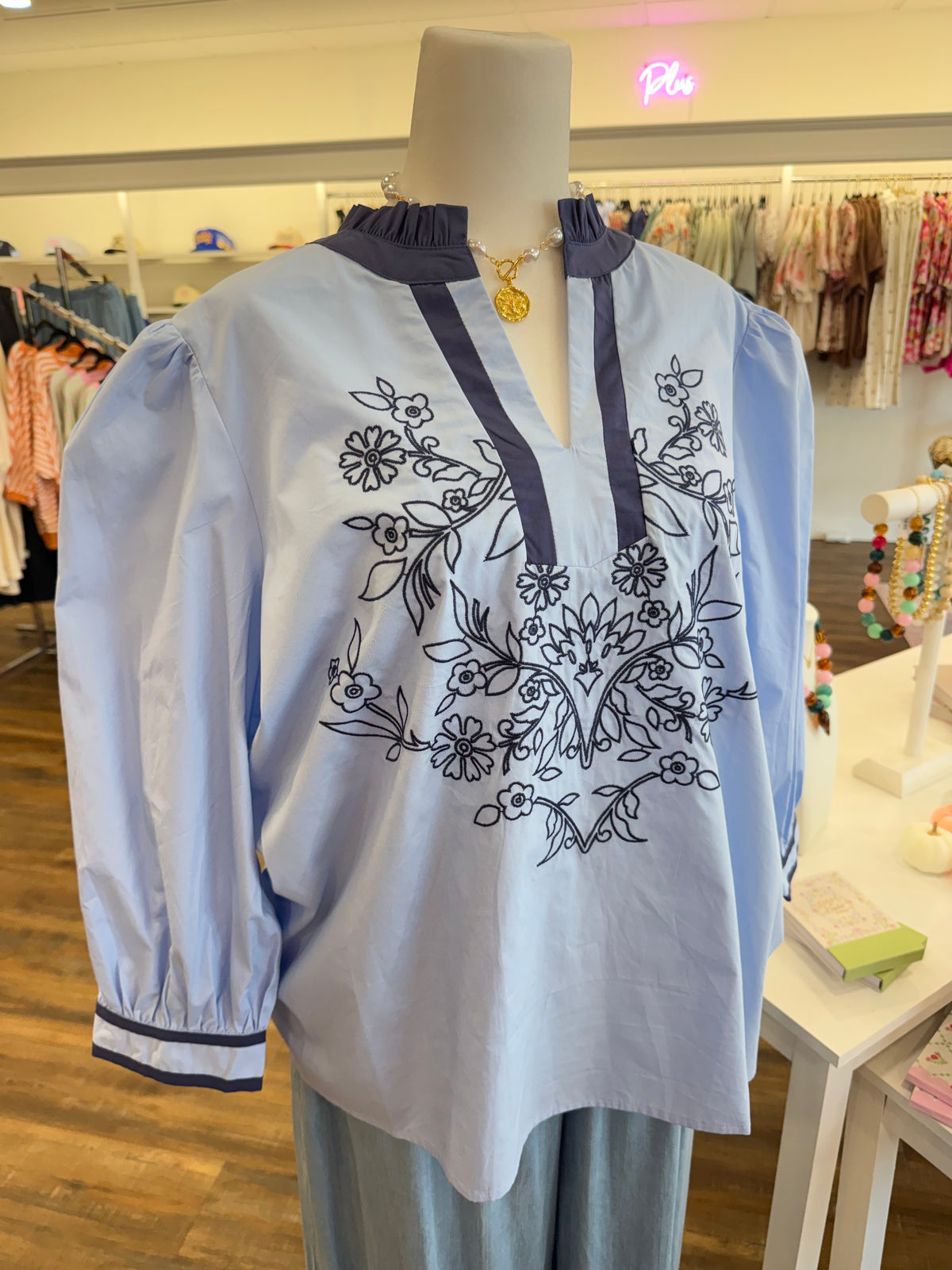 Oddi- Light Blue Embroidered Top
