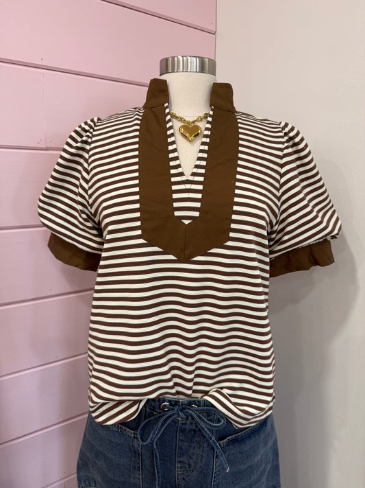 Jodifl- Brown Stripe Puff Sleeve Top