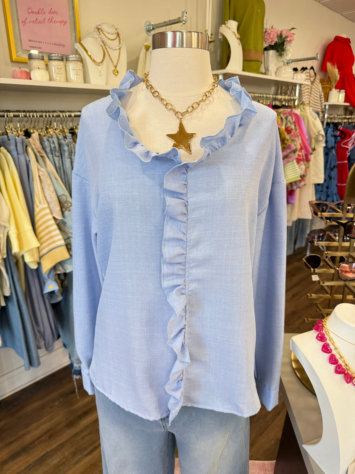 LS- Blue Ruffle Top