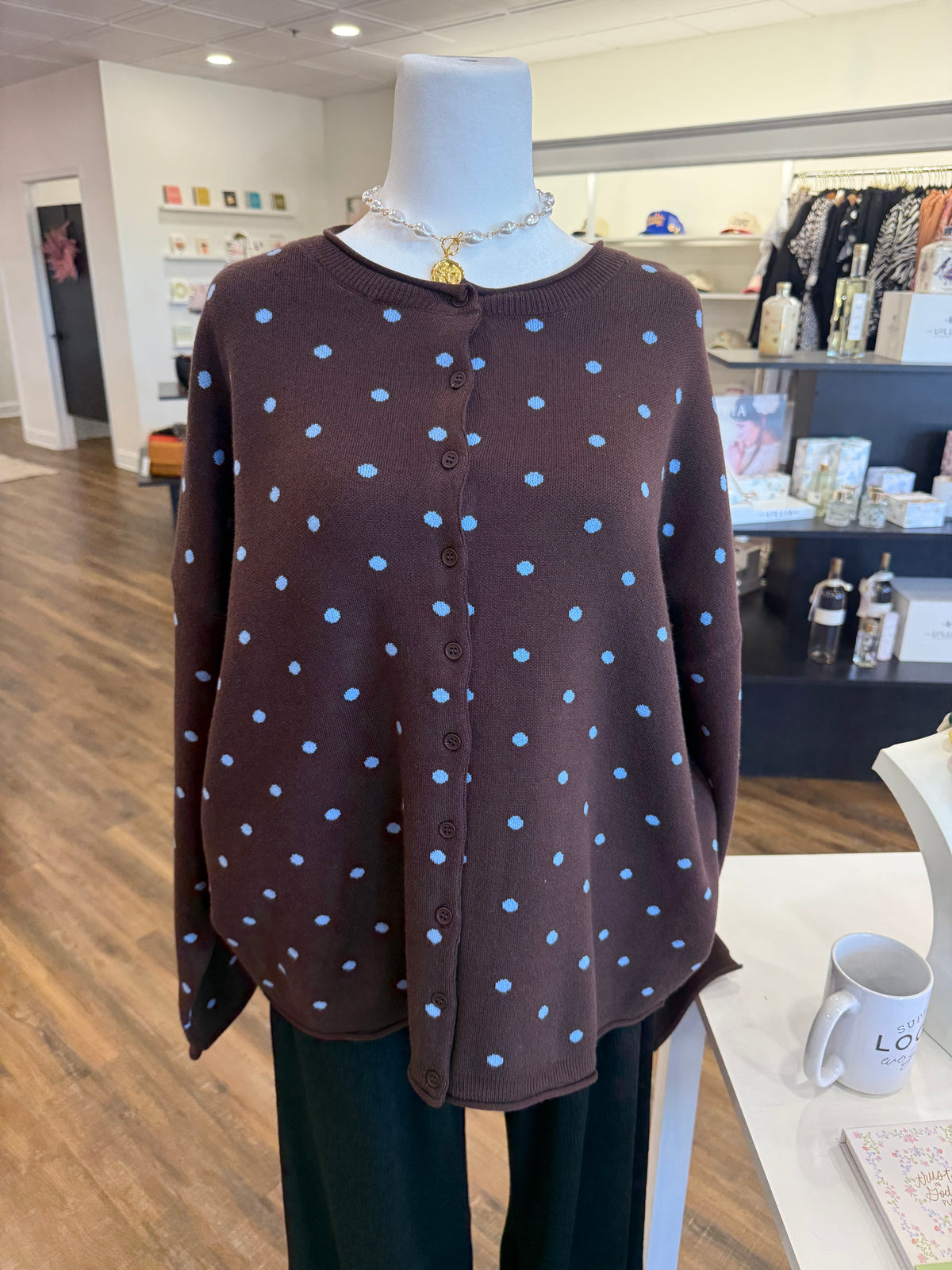 WM- Plus Brown & Sky Blue Polka Dot Cardigan