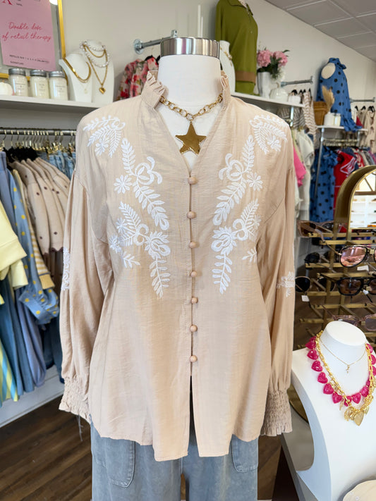 LS- Apricot Boho Embroidered Top
