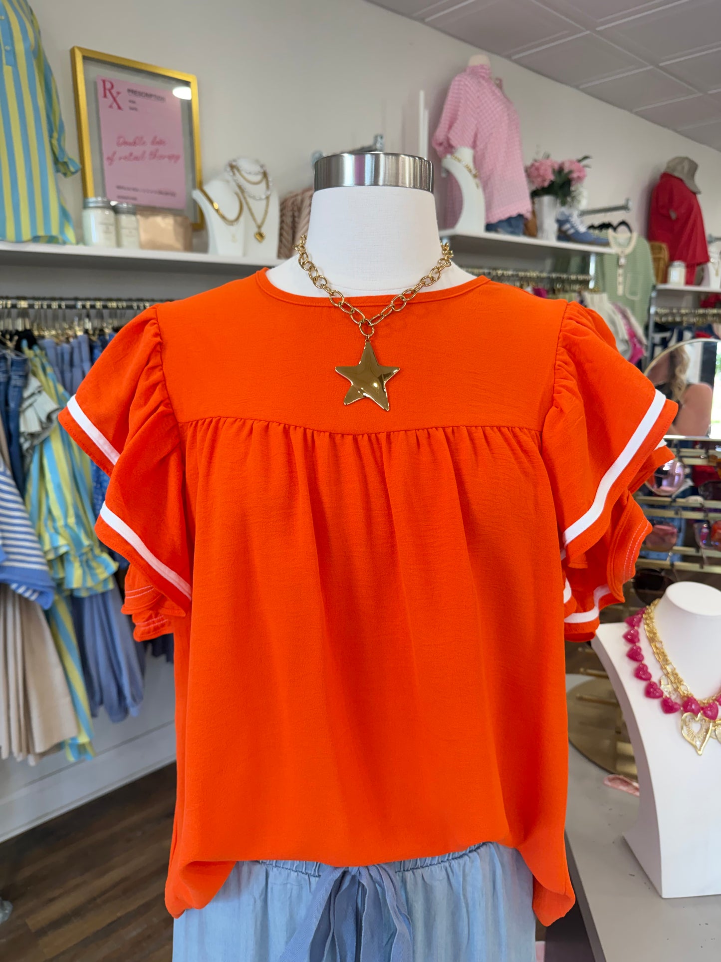 S+S- Orange Ruffle Sleeve Top