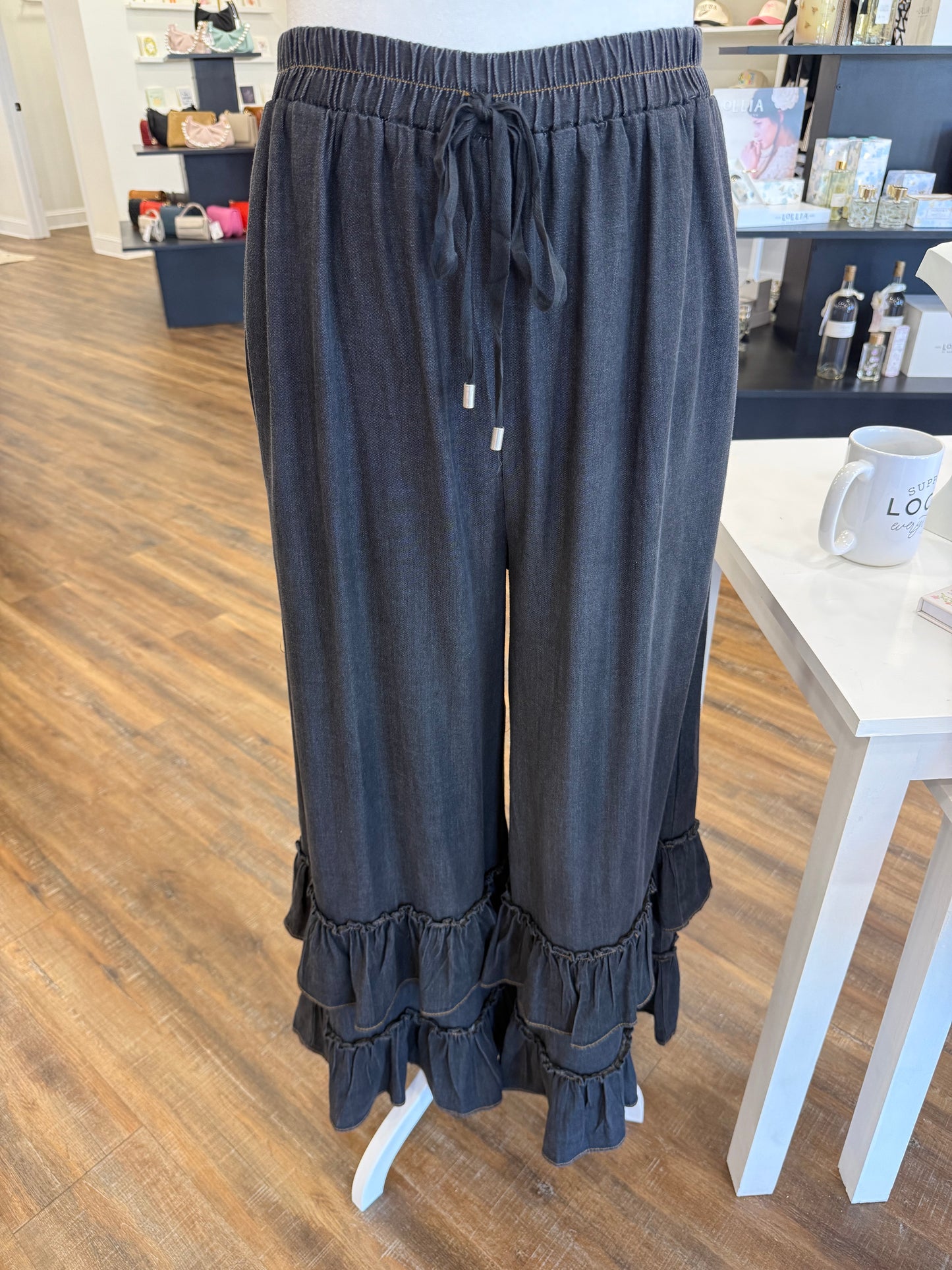 Oddi- Plus Washed Black Chambray Ruffle Pants