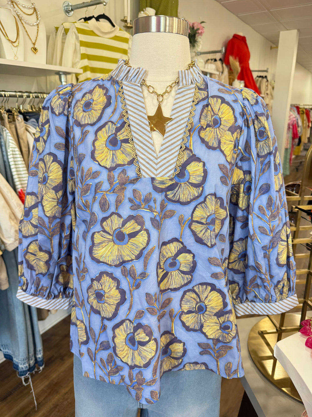 Jodifl- Blue V-Neck Ruffle Top