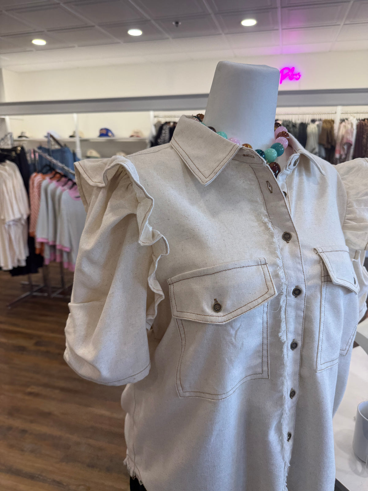 GI- Plus Oatmeal Linen Button Up Top