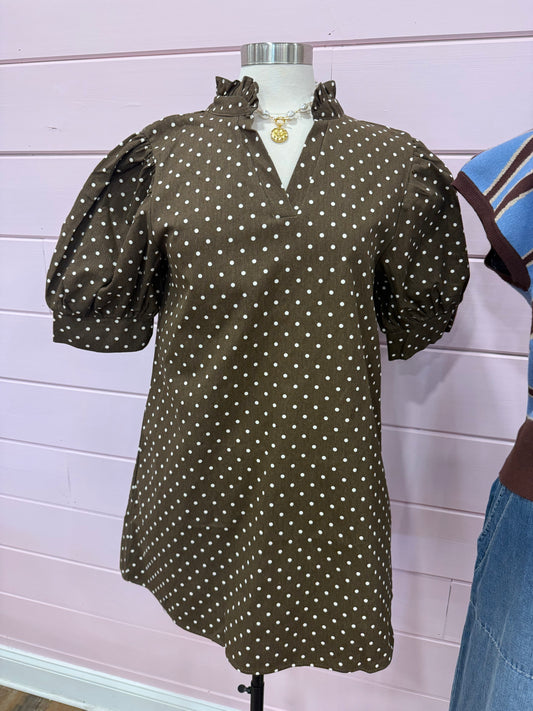 Glam- Brown Polka Dot Mini Dress