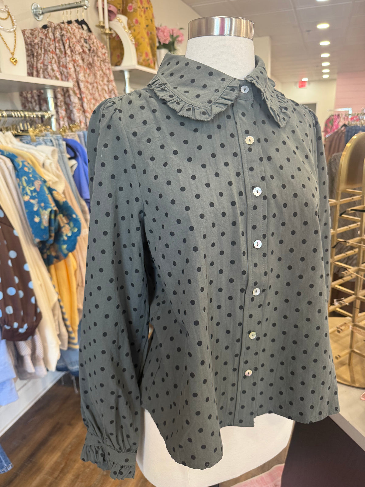 Jodifl- Hunter Green Polka Dot Top
