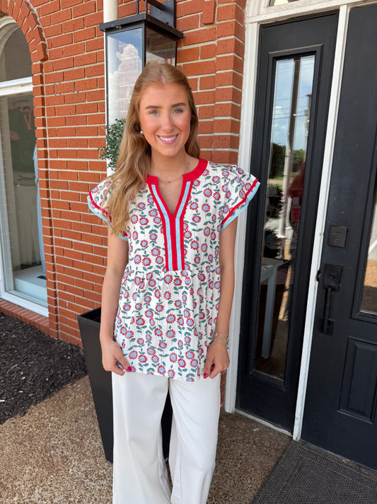 Aapparella- Floral Contrast Ruffle Blouse