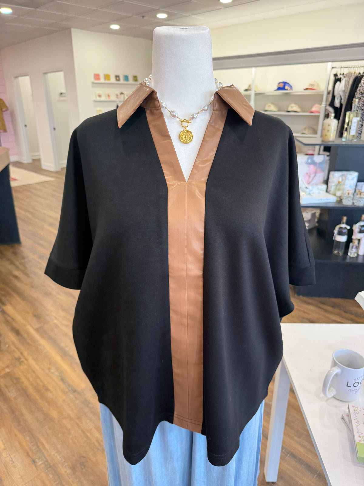 Jodifl- Plus Brown Leather Collar top