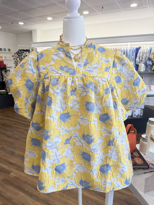 Oddi- Yellow Blue Floral Jacquard Top