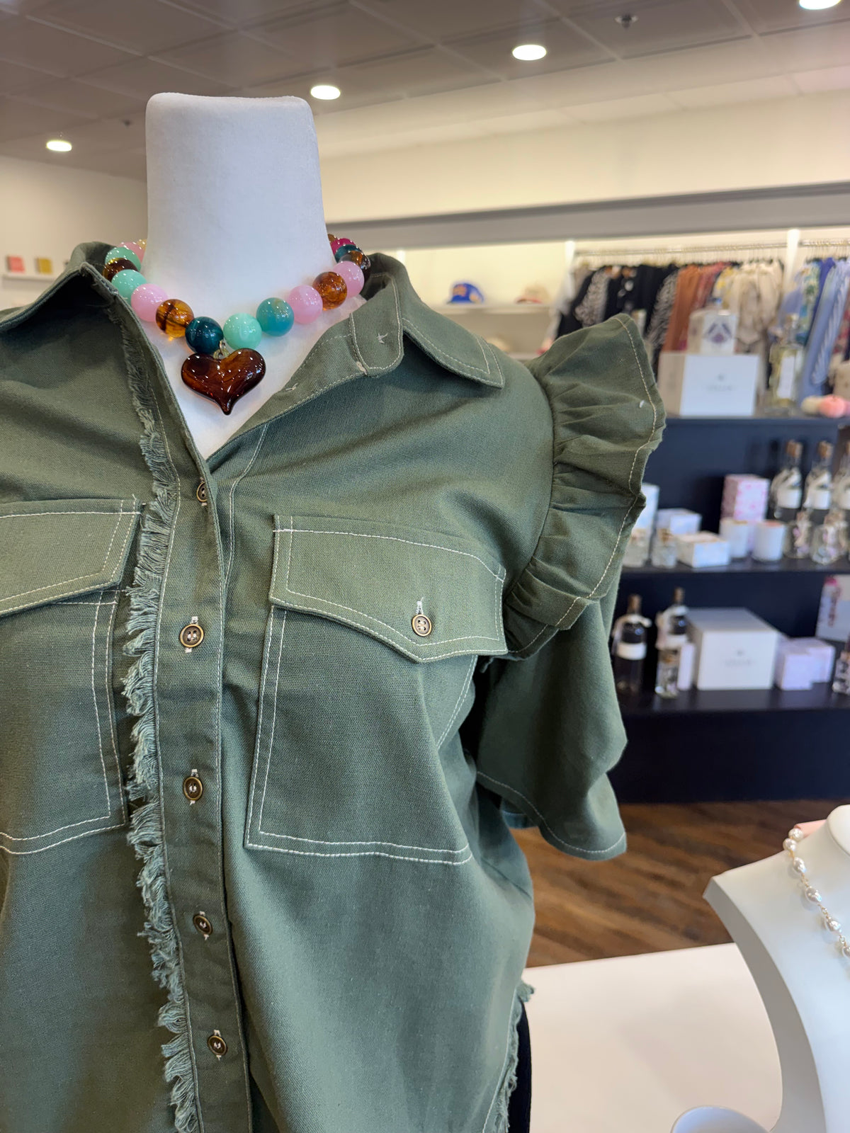 GI- Plus Olive Linen Button Up Top