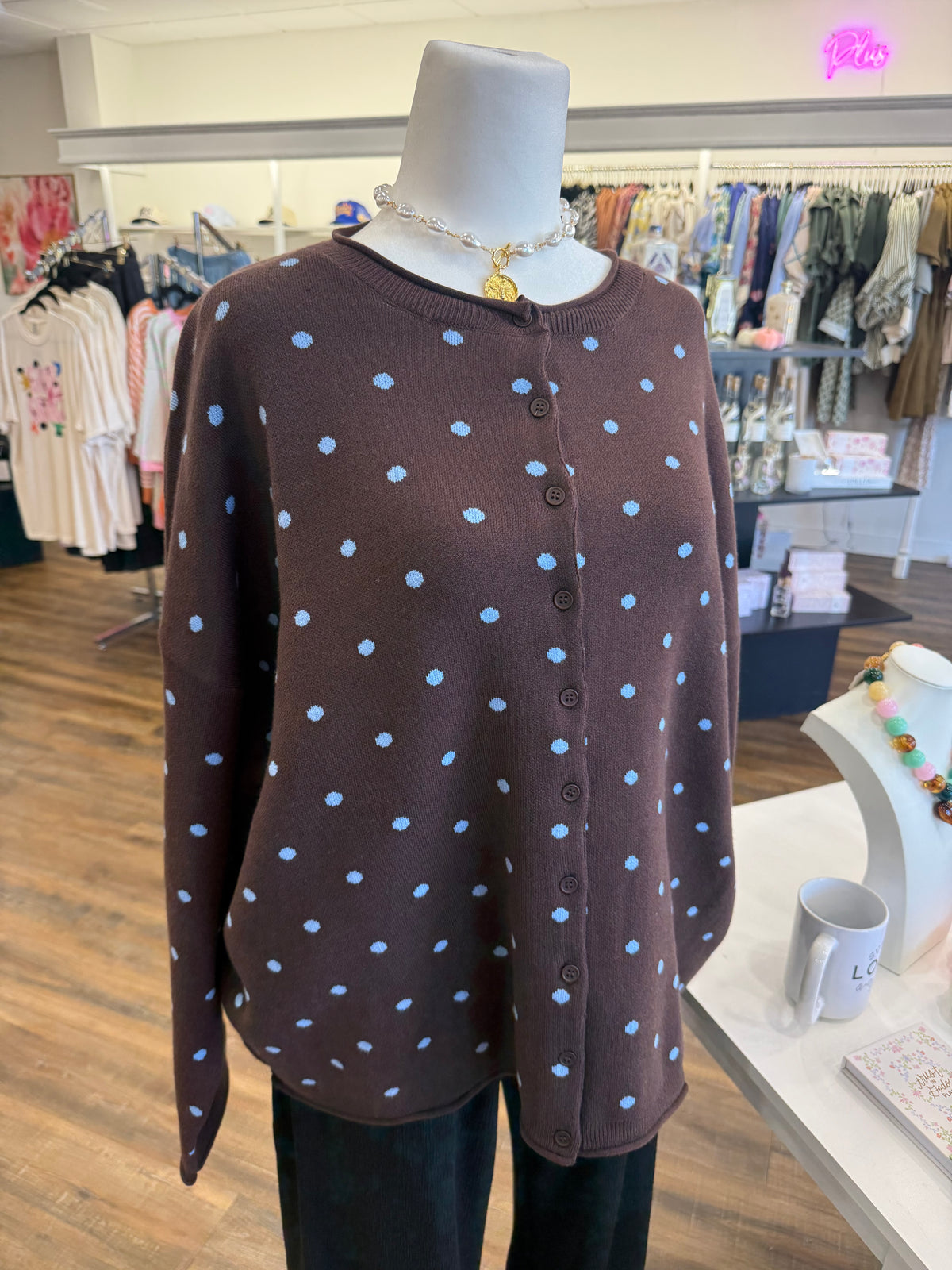 WM- Plus Brown & Sky Blue Polka Dot Cardigan