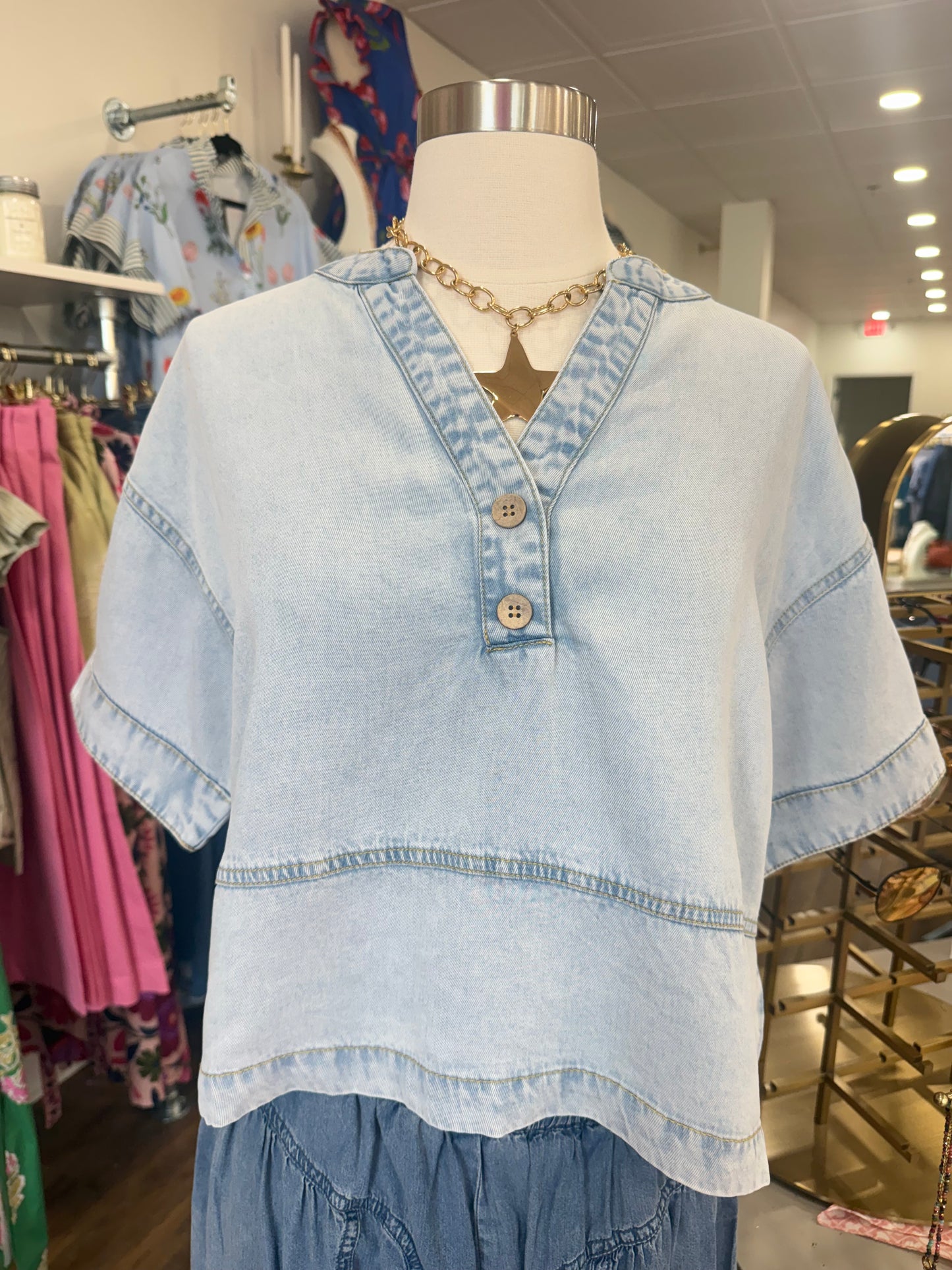 BP- Washed Denim Short Sleeve Top