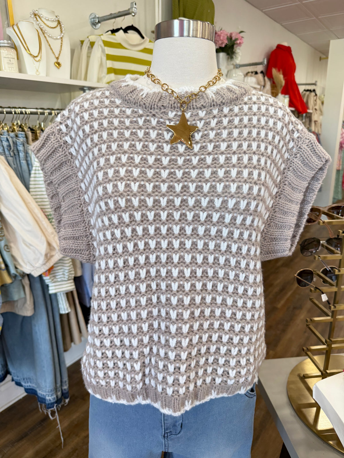 Wellmade- Taupe Scallop Sleeveless Sweater Top