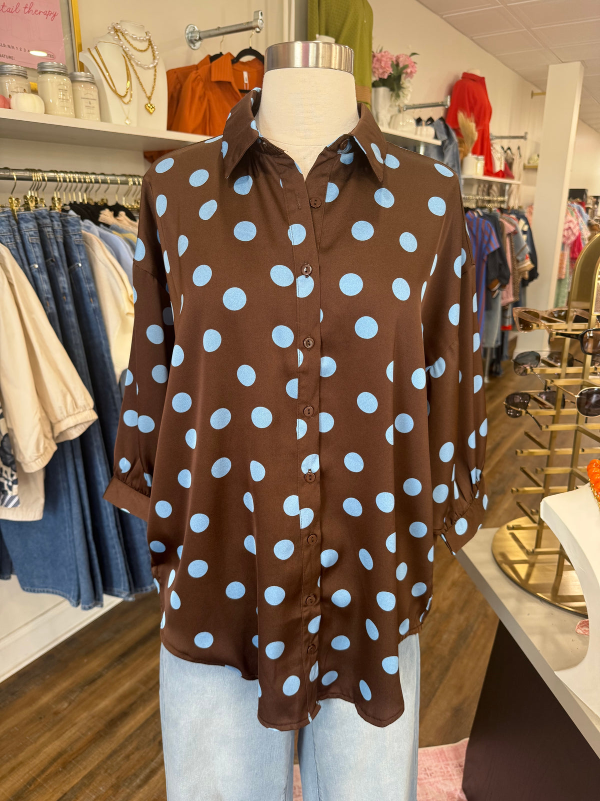 Glam- Brown & Blue Polka Dot Oversized Top