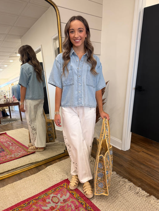 High Rise Barrel Embroidered Jean